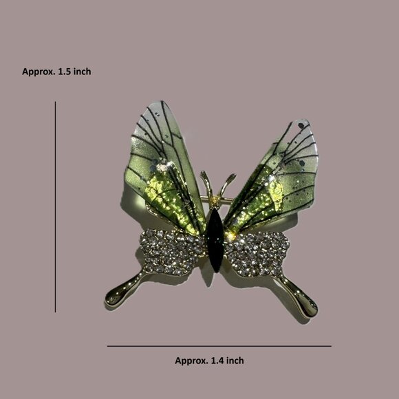Gold-Tone Butterfly Brooch Pin w/ Rhinestones & Translucent Green Wings - New - Picture 3 of 4